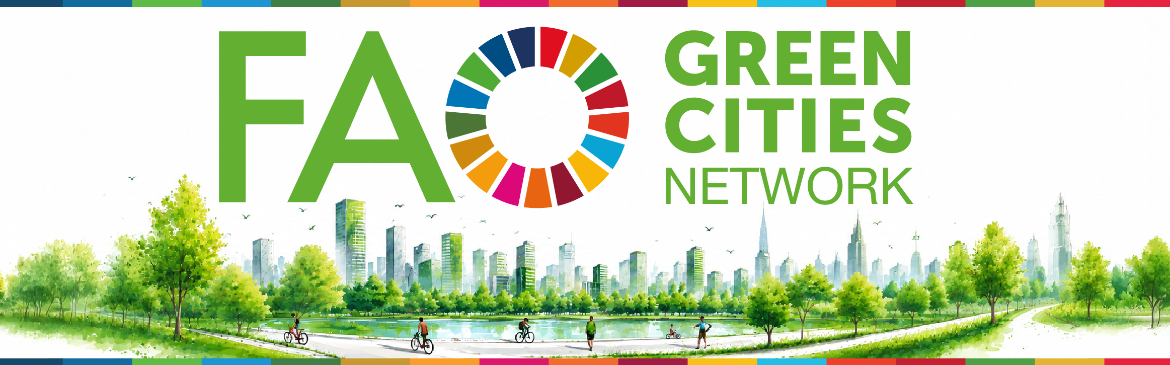 Illustration of a green city park with cyclists, pedestrians, and a skyline, featuring FAO Green Cities Network text and a colorful circular logo.